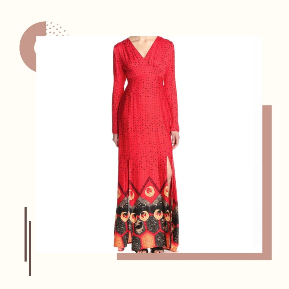 Mink Pink Red Long Sleeves Slit Maxi Dress "Dancing Crane" NWT